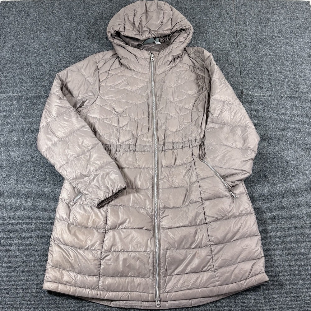 Athleta Chill Puffer Down Jacket L Brown Hoodie Trench Full Zip Winter Coat READ